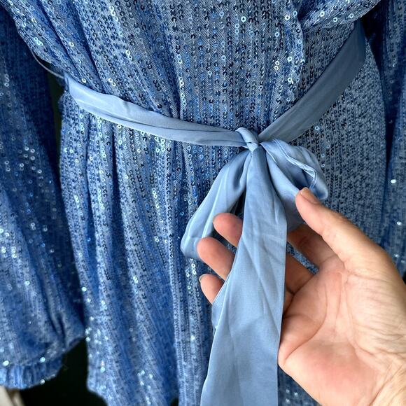 NWT Mable Baby Blue Sequin Wrap Dress Sz S Long Bell Sleeves Party Event - Picture 2 of 9